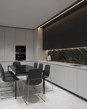Design render: pantry with dark upper cabinets, a marble splashback and a table, Crypto One office, Dubai