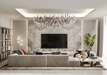 Render of the living room at Villa 389: a deep sofa facing a marble media wall under a crystal chandelier