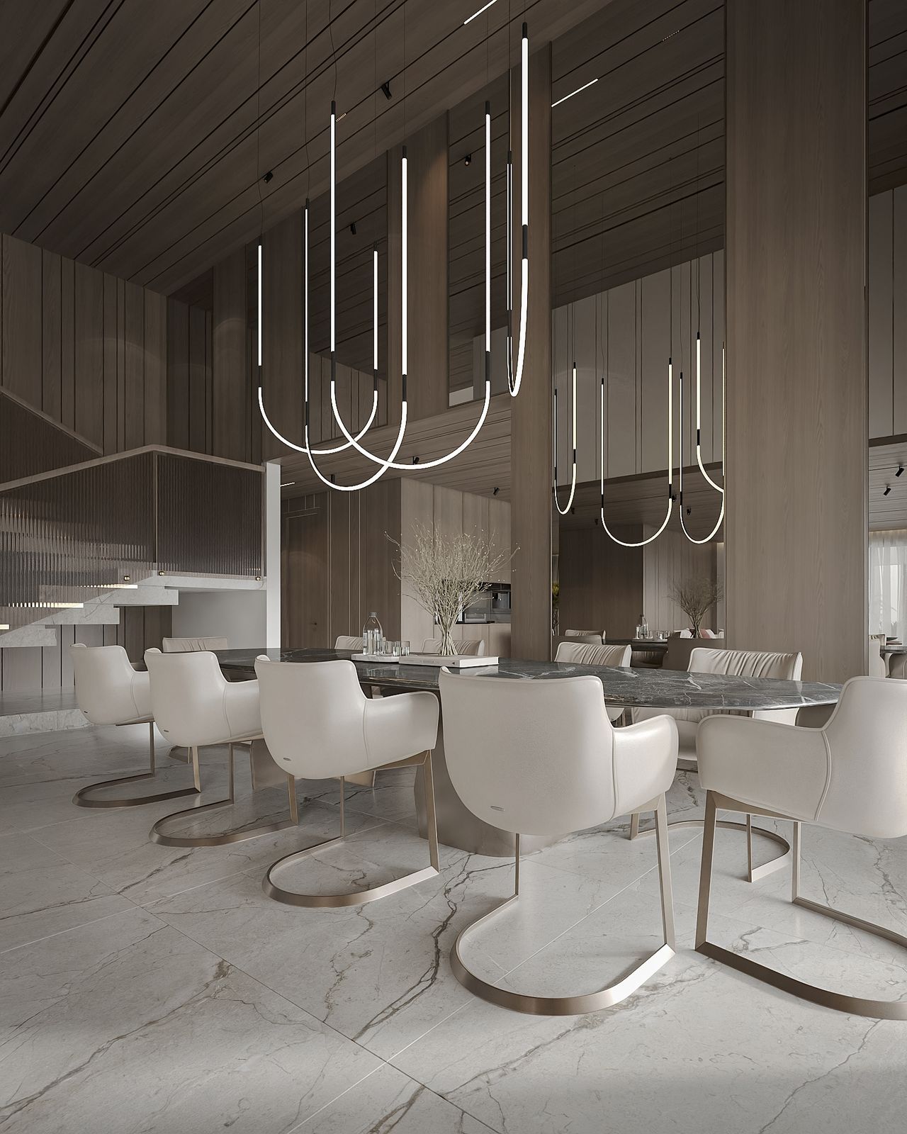 Render: a double-height dining room with a cluster of sculpted pendants over a marble table, timber-panelled walls and a stair behind
