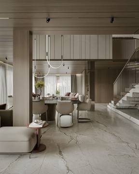 Render of the living area and stair for Cluster 39, Villa 3
