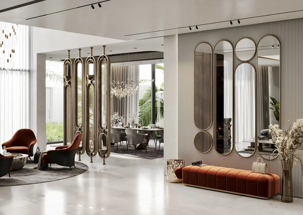 Render of a villa entrance hall with brass oval screens and mirrors, Dubai