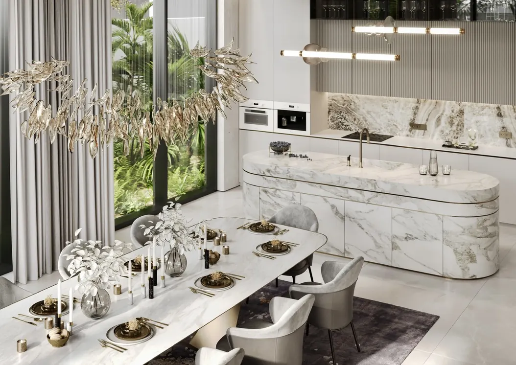 Render of a villa kitchen island and dining table by a garden window, Dubai