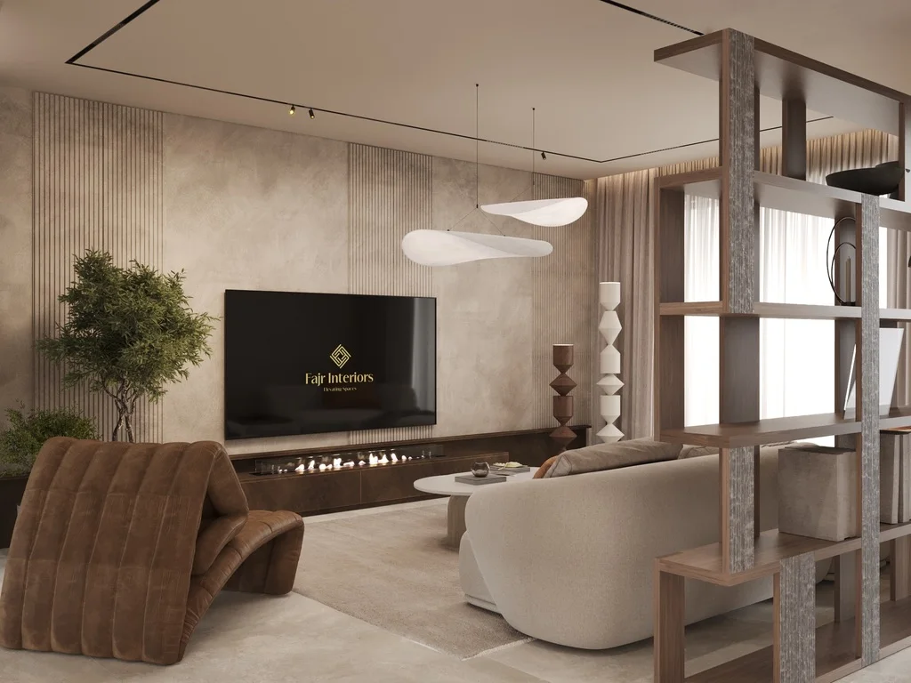 Render: living room media wall with the Fajr Interiors logo on the screen, a linear fire below, two sculpted pendants and walnut shelving
