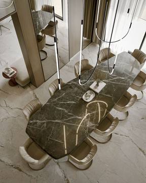 Render of the dining table from above for Cluster 39, Villa 3: dark marble on a pale stone floor
