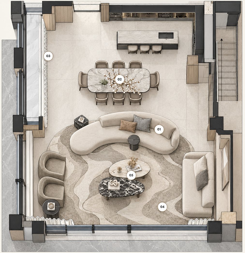 Furniture plan of an open-plan living and dining room, each piece numbered to match the schedule