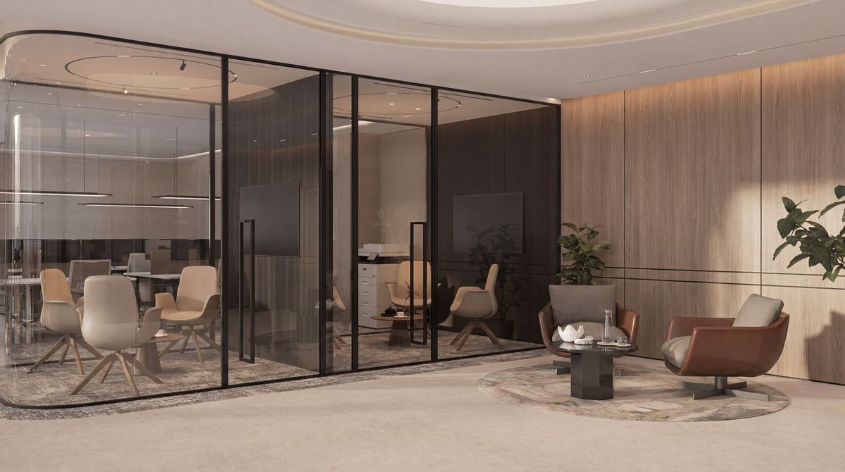 Render of the Opus Tower office by Fajr Interiors: meeting rooms behind glass