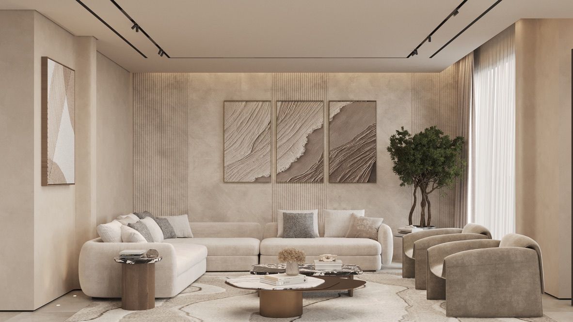Render of the living room at Cluster 7, Villa 14: a sectional sofa under textured wall art, a tree in the corner
