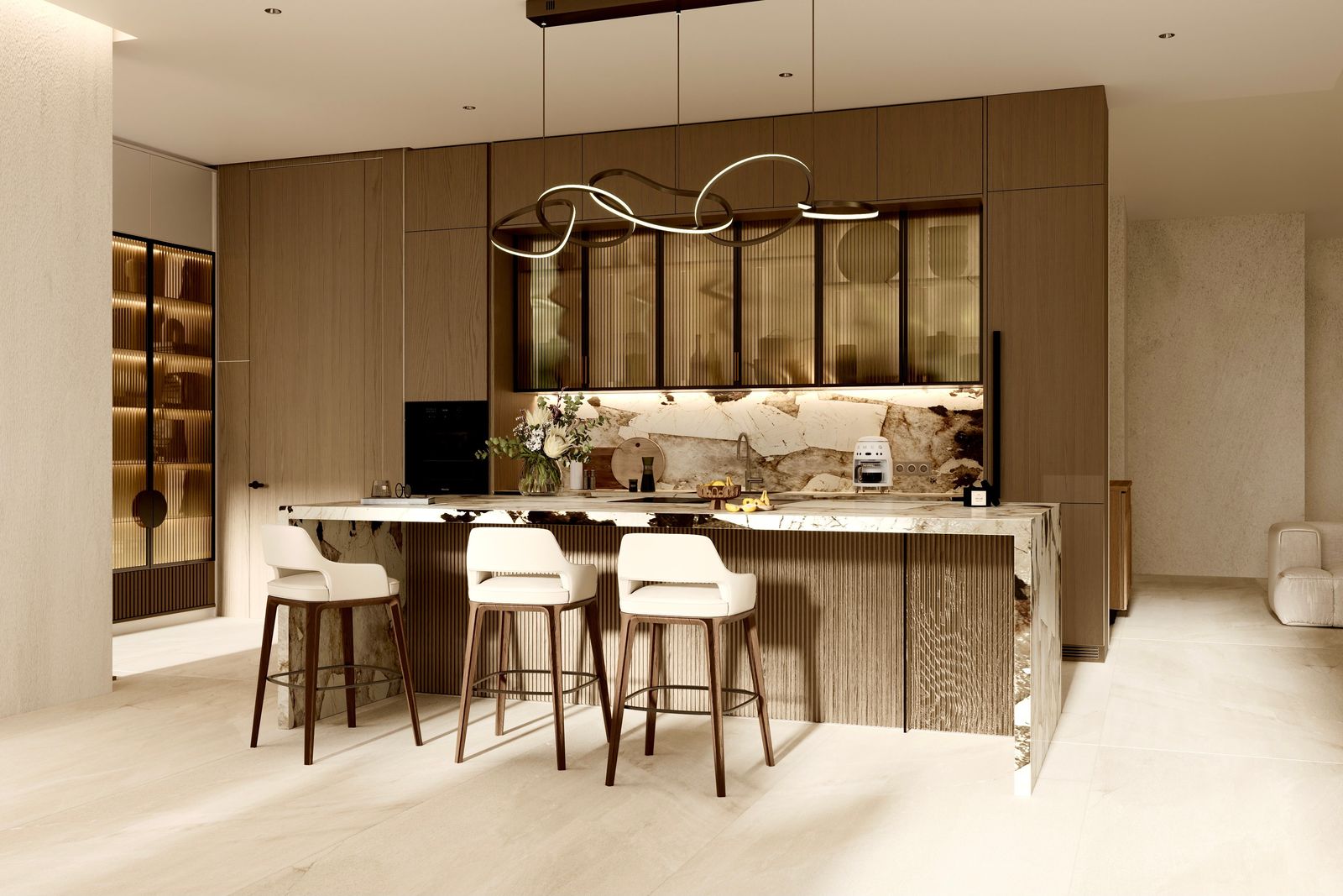 Fajr render of the Villa 47 Fairways kitchen: a walnut wall of tall units, a marble waterfall island and three bar stools