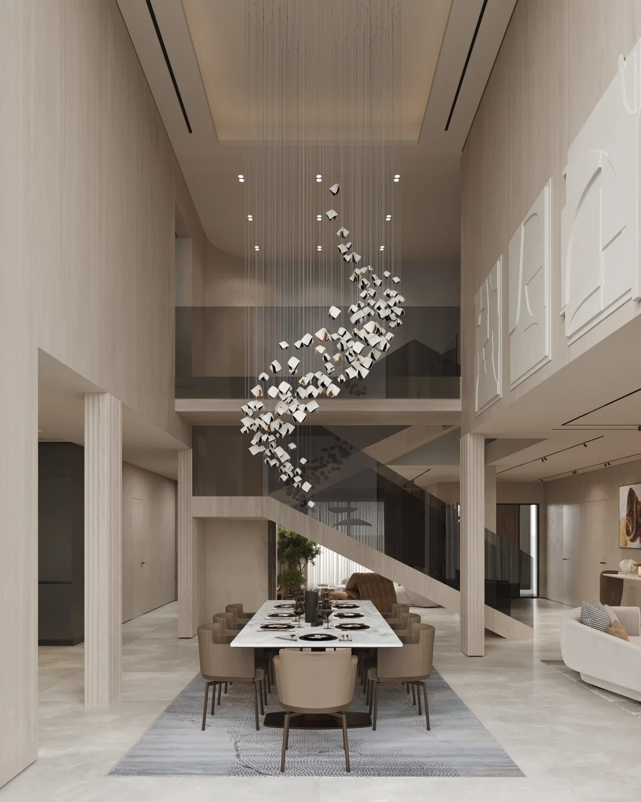 Render: dining table in a double-height void, with relief art panels, a gallery landing and a chandelier dropping from a recessed ceiling