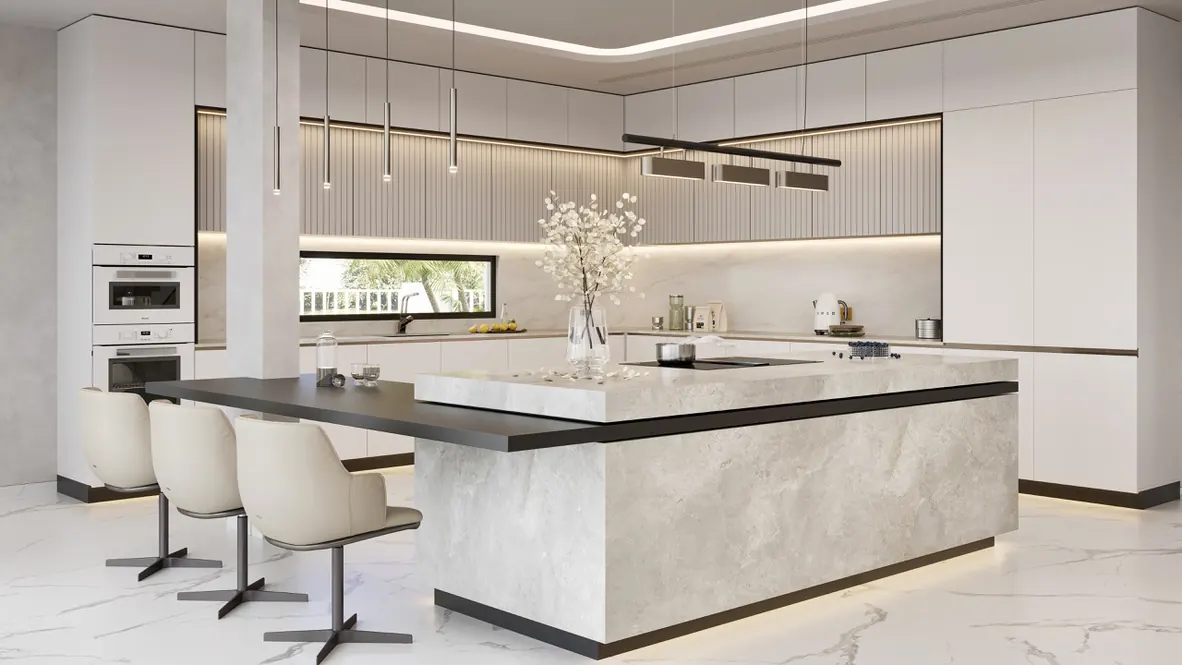 Render of a villa kitchen with a stone island and breakfast bar, Dubai