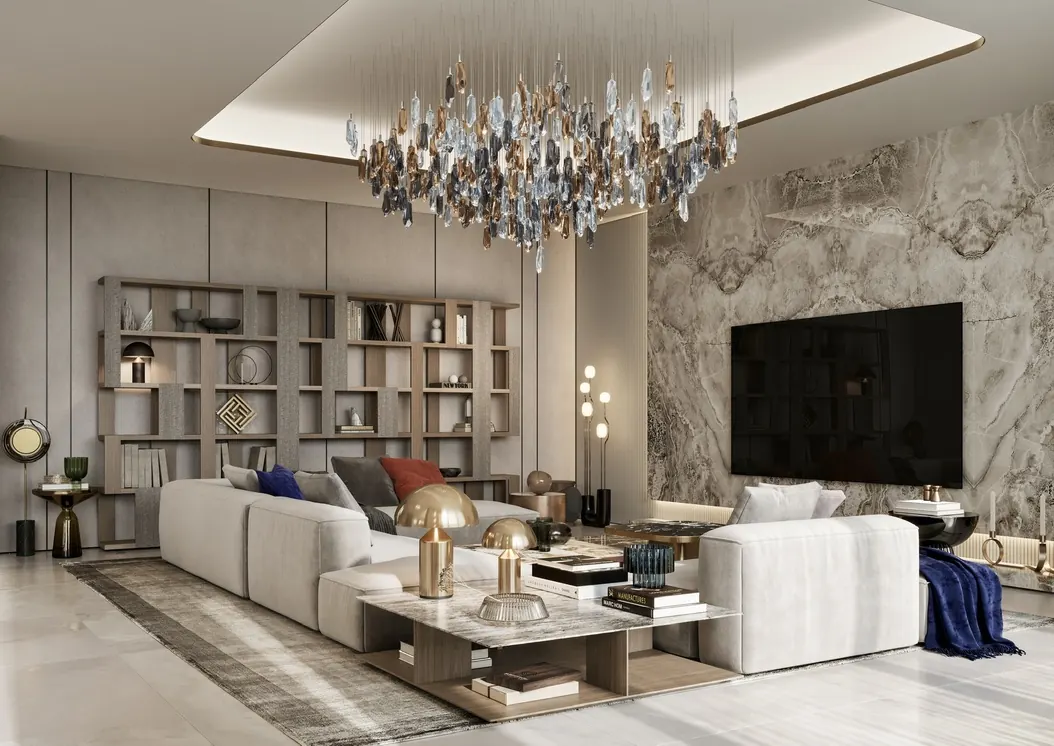 Render of a villa living room with a crystal chandelier and marble TV wall, Dubai