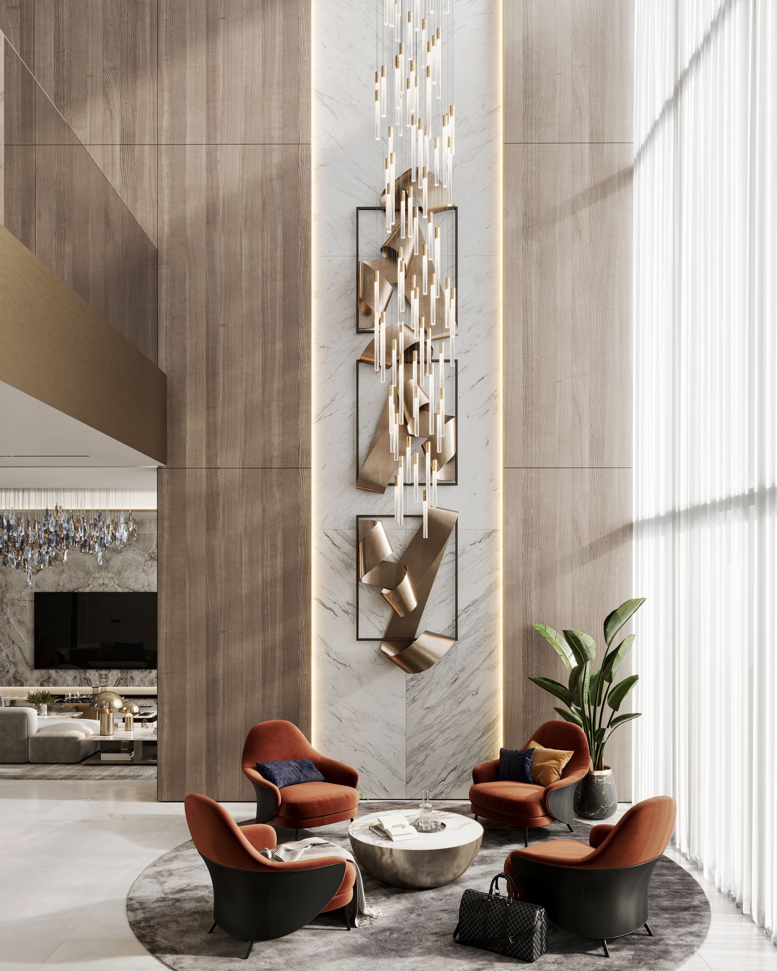 Render of the double-height lounge at Villa 389, District One: sculpted wall panels, a curved sofa and red lounge chairs