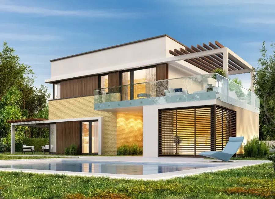 Contemporary two-storey villa exterior with a pool and garden terrace