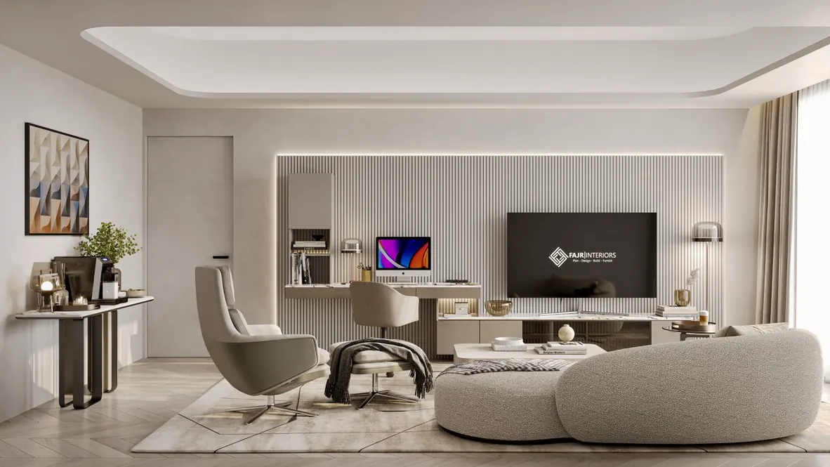 Render of a villa family room and study with a fluted TV wall and desk, Dubai