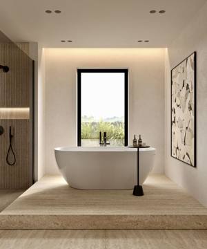 Render of the principal bathroom at Cluster 7, Villa 14: a freestanding bath on a stone plinth under a window
