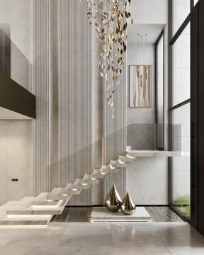 Render of the stair at Villa 389: floating treads under a cascading chandelier in a double-height void