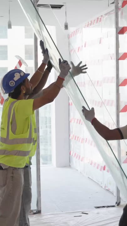 Fajr site team setting out levels and fitting glass partitions on a live office floor, Dubai