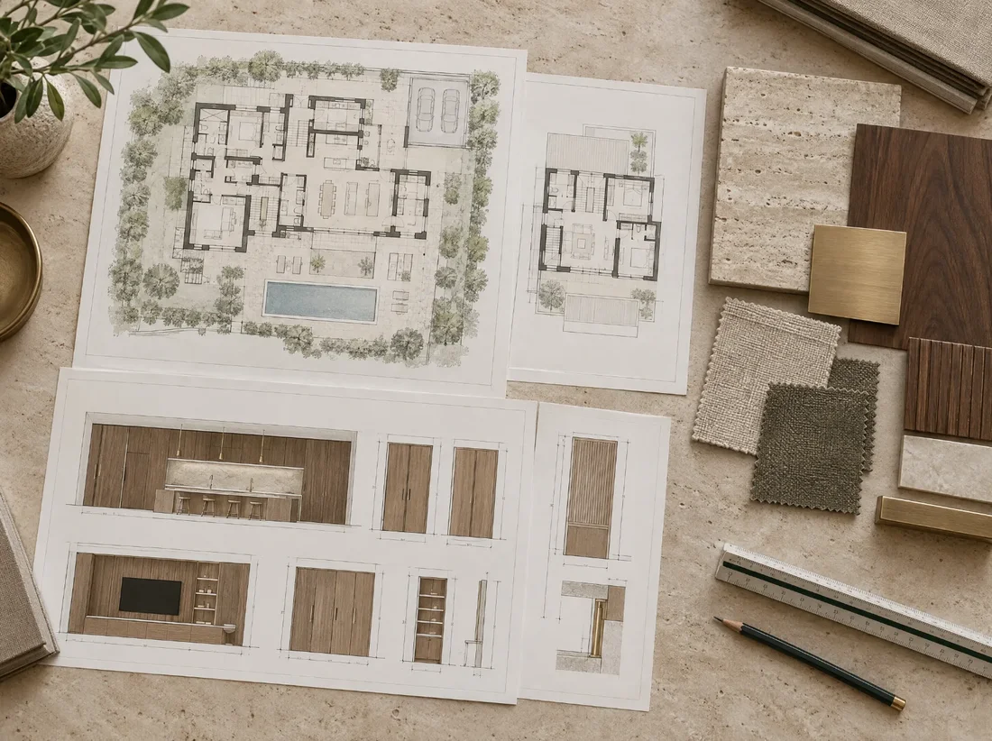 Concept visualisation: villa floor plans, joinery elevations and material samples laid out on a design table