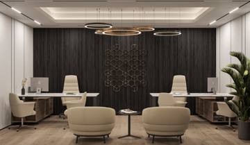 Design render: office with two desks against a dark slatted wall and a geometric light feature, Crypto One office, Dubai