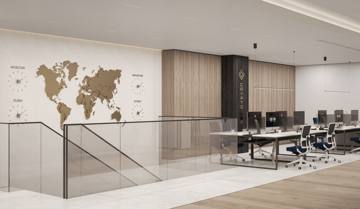 Design render: open office with the world-map wall, workstations and a glass balustrade, Crypto One office, Dubai