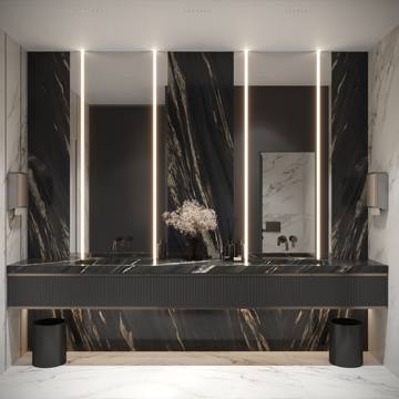 Design render: washroom vanity in dark marble with vertical light strips, Crypto One office, Dubai