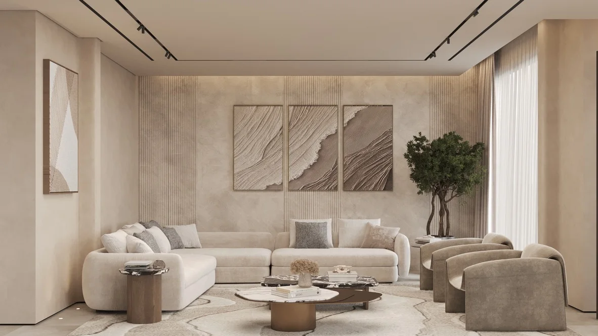 Render: corner sofa in a living room with fluted wall panels, a textured triptych, an olive tree and two lounge chairs