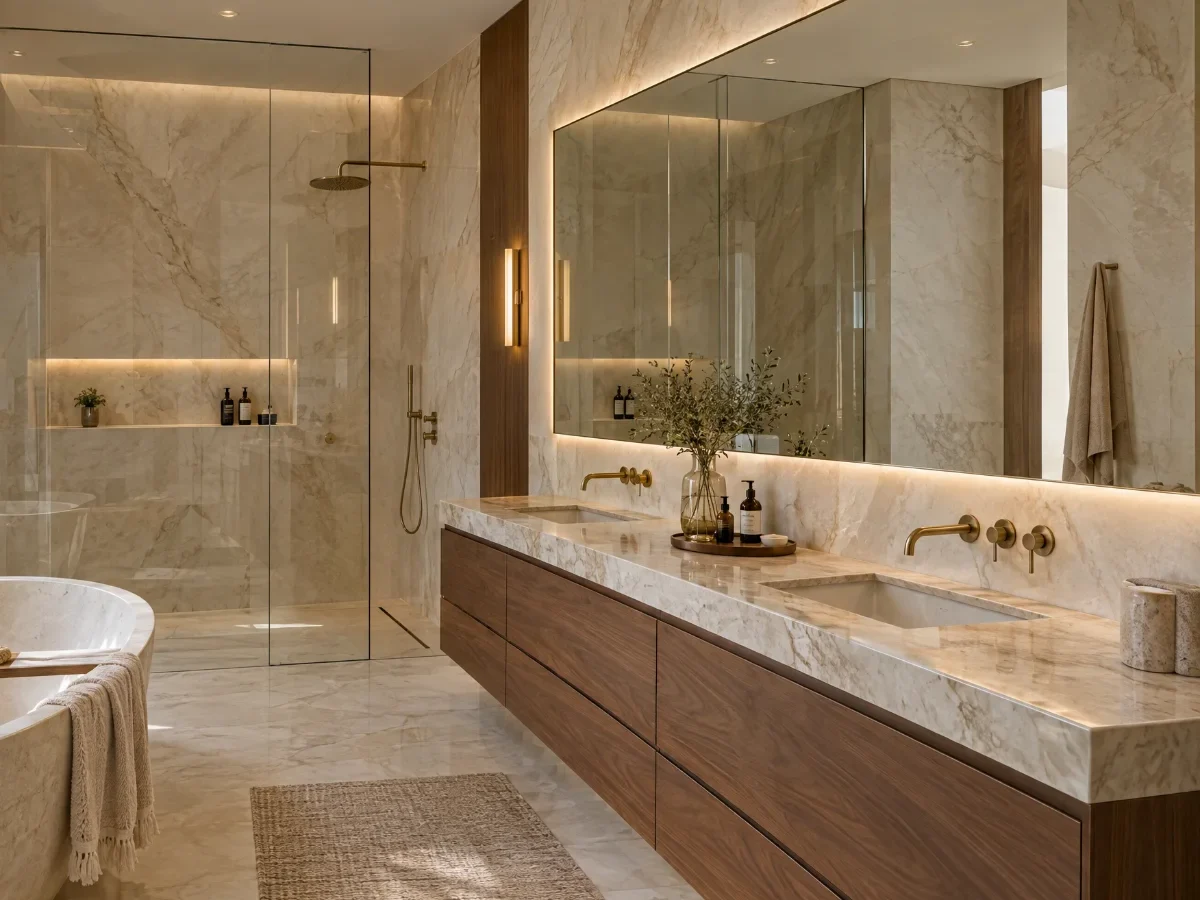 Concept visualisation: bathroom with a walk-in shower, a stone double vanity and walnut drawers