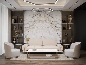 Design render: lounge with a cream sofa in front of a marble wall flanked by lit shelving, Crypto One office, Dubai