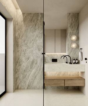 Render of a walk-in shower at Cluster 7, Villa 14: grey stone walls and black fittings