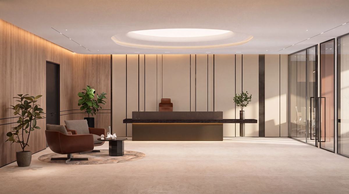 Render of the Opus Tower office by Fajr Interiors: reception