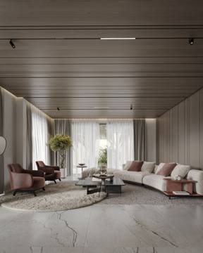 Render of the living room for Cluster 39, Villa 3: a curved sofa, stone floor and timber-slatted ceiling