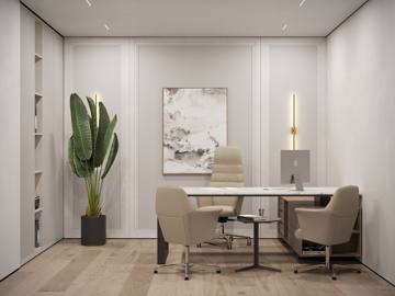 Design render: a manager’s office with a light timber desk, artwork and a tall plant, Crypto One office, Dubai