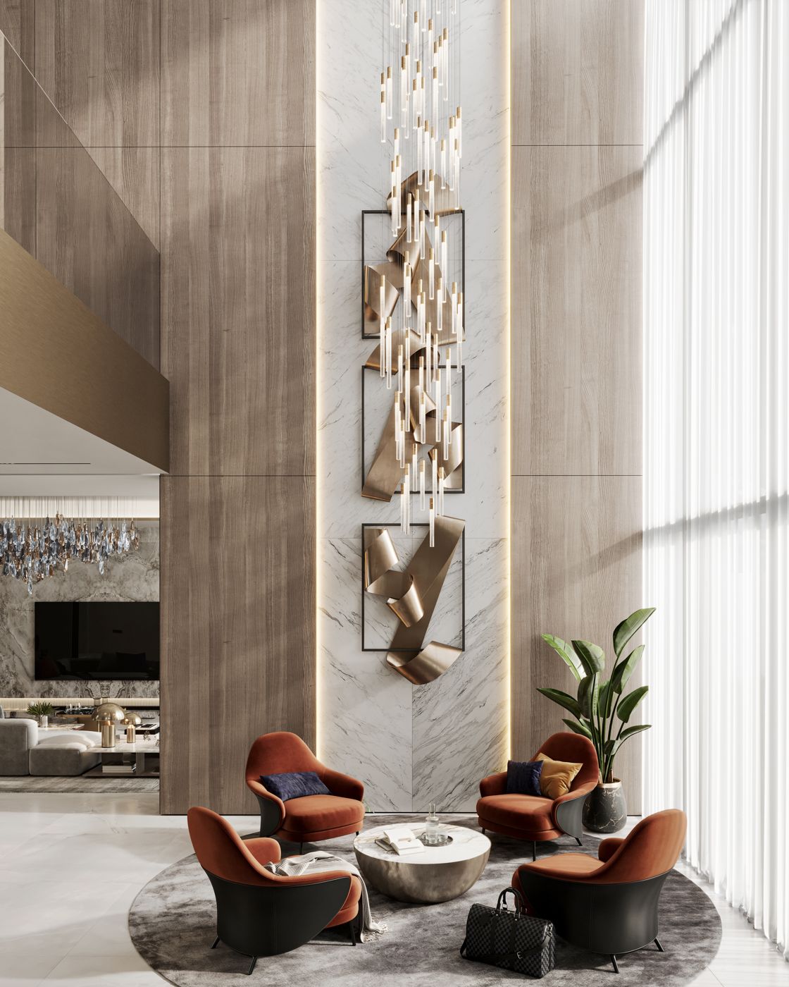 Villa interior render by Fajr Interiors: double-height lounge with a marble feature wall
