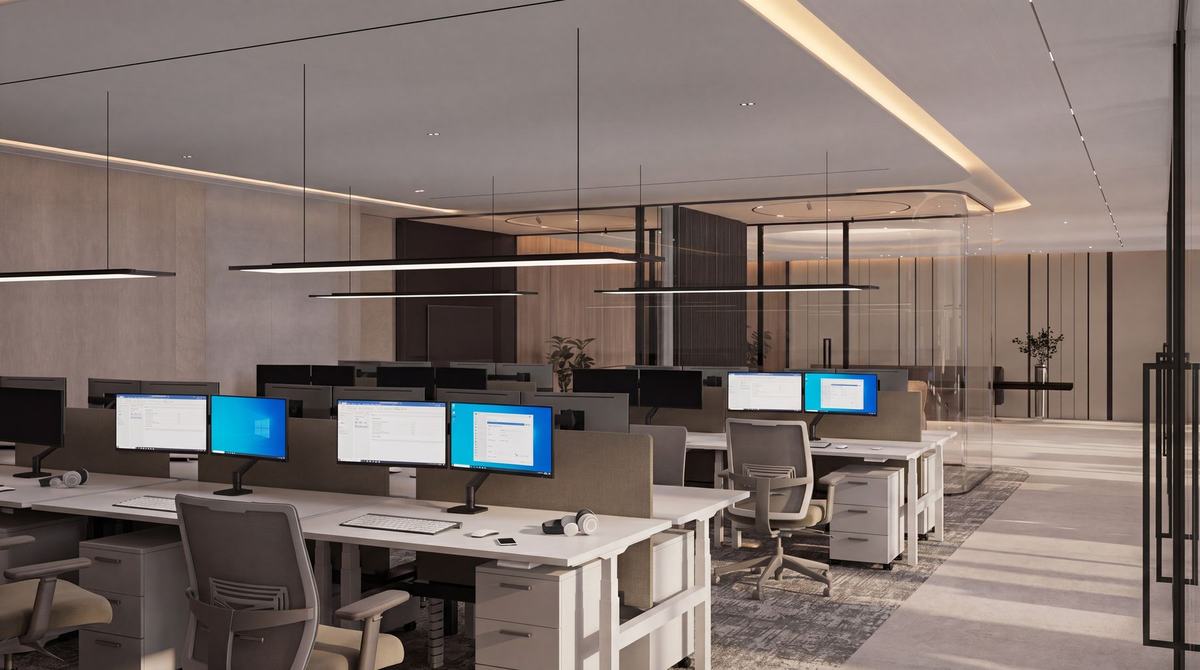 Render of the Opus Tower office by Fajr Interiors: workstations