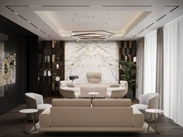 Design render: lounge seating facing a book-matched marble wall under a pendant ring, Crypto One office, Dubai