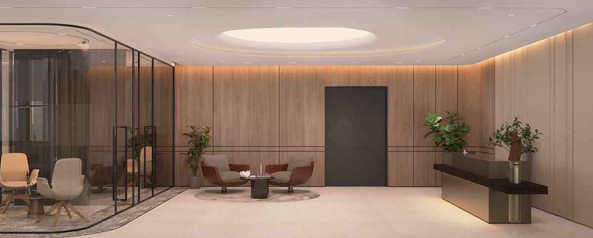 Render of the Opus Tower office by Fajr Interiors: lounge and glass meeting room