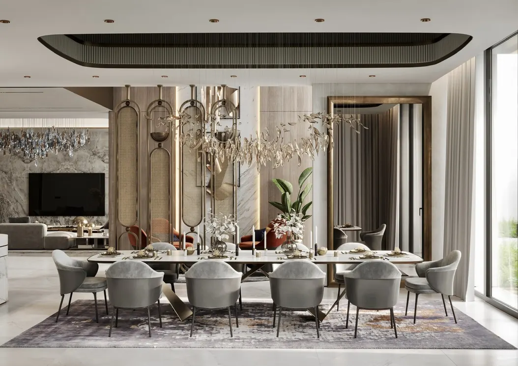 Render of a villa dining room with a ten-seat table and leaf chandelier, Dubai