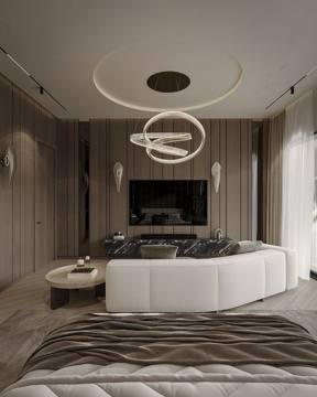 Render of the principal bedroom for Cluster 39, Villa 3: a media wall, sofa and ring chandelier