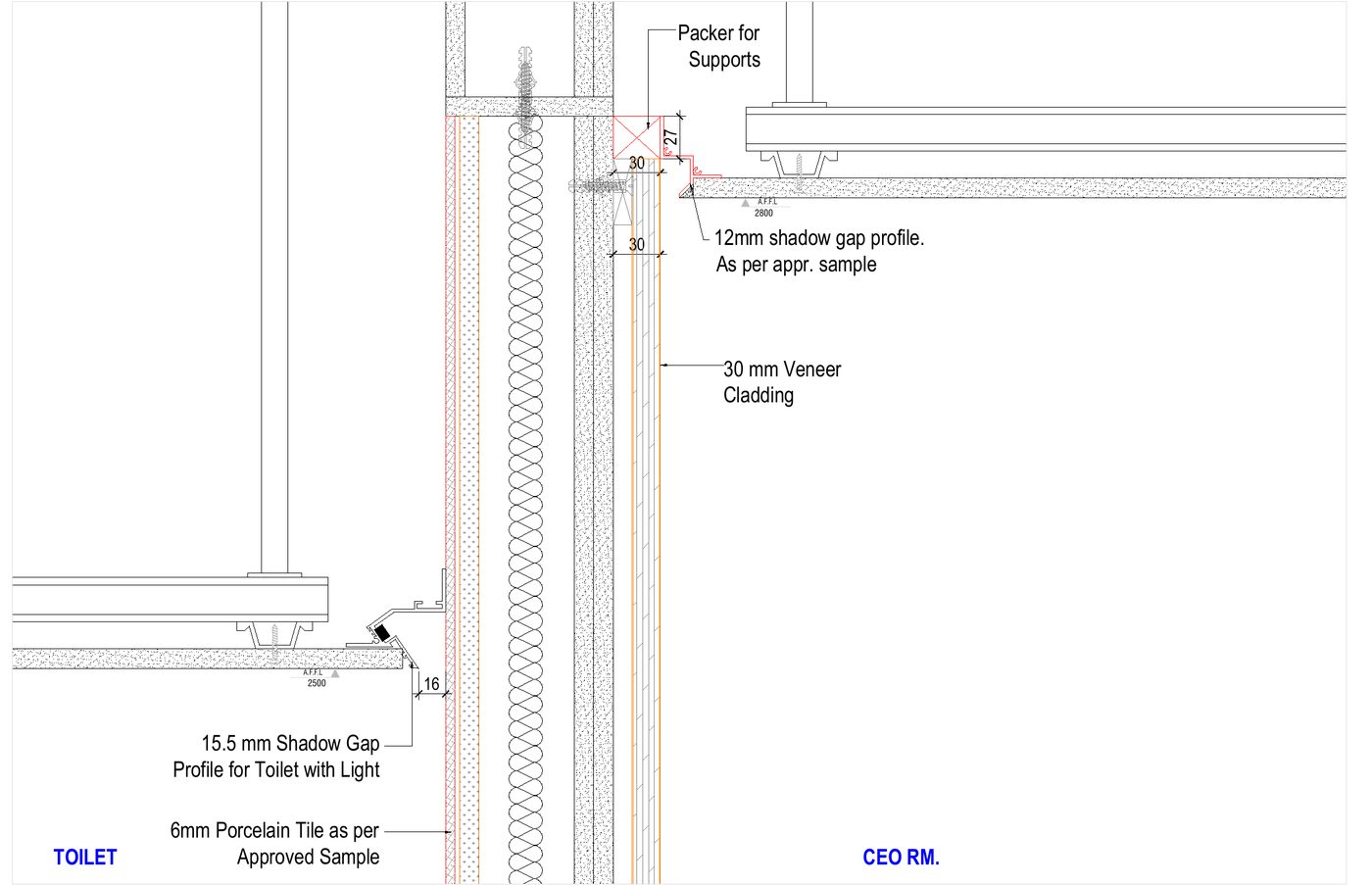 Section drawing of a 12 mm shadow gap where 30 mm veneer cladding meets the ceiling in a CEO office, drawn by Fajr Interiors