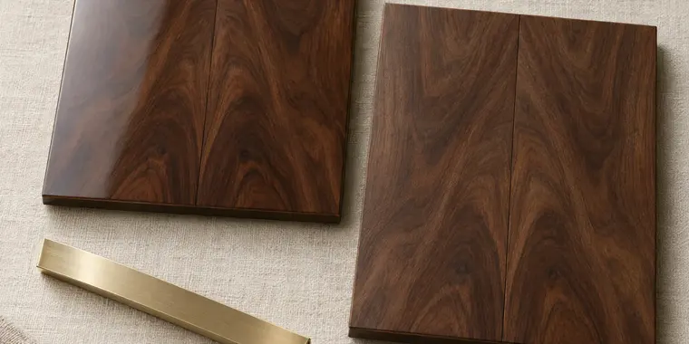 Concept visualisation: two book-matched walnut veneer samples and a brushed brass pull on linen