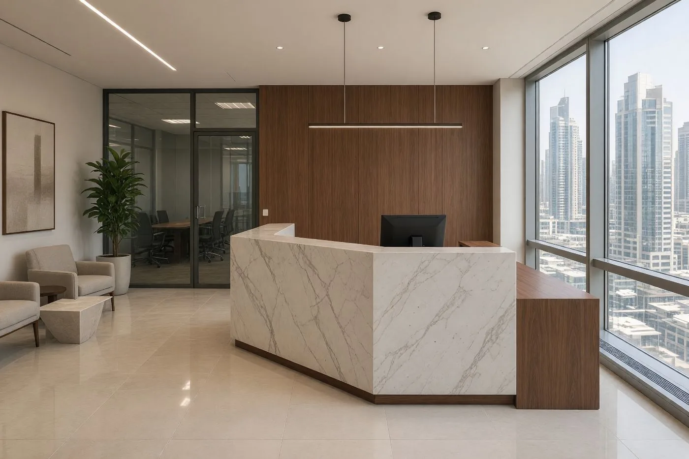 Concept visualisation: the same reception renovated, a marble-faced desk with a walnut return, a walnut feature wall, stone floor and linear lighting