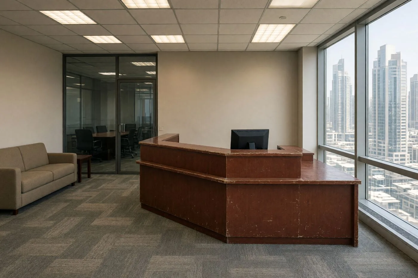 Concept visualisation: a ten-year-old office reception in a Dubai tower, a chipped cherry-wood desk, flattened carpet tiles and yellowed ceiling lights, before renovation