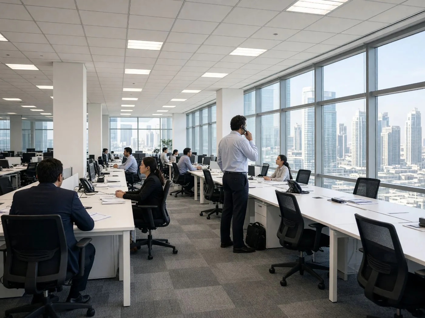 Concept visualisation: an open-plan office in a Dubai tower, long desk runs with nothing between them, one person on a call while others look up