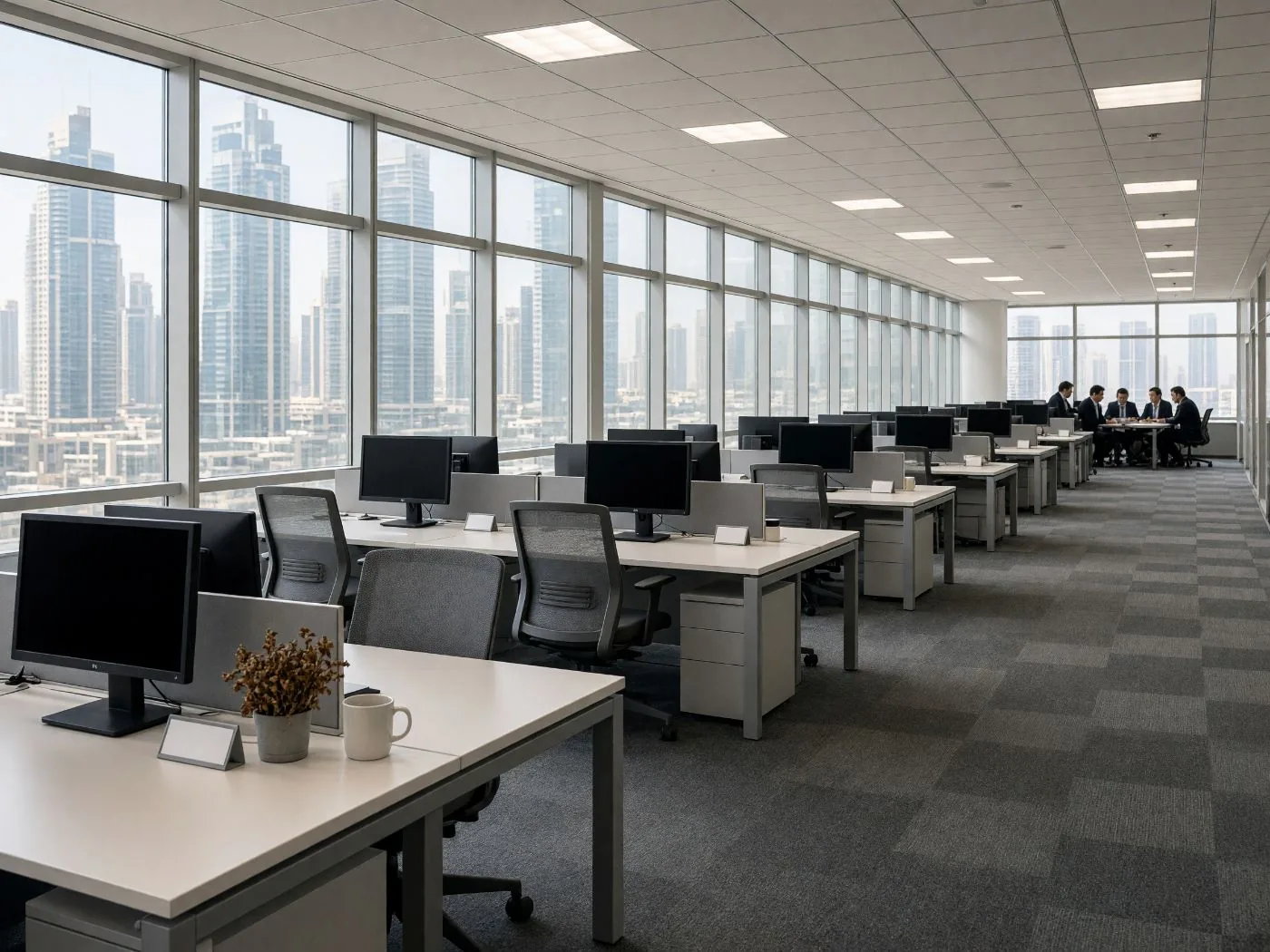 Concept visualisation: a long row of assigned desks sitting empty on a weekday, chairs pushed in and screens off