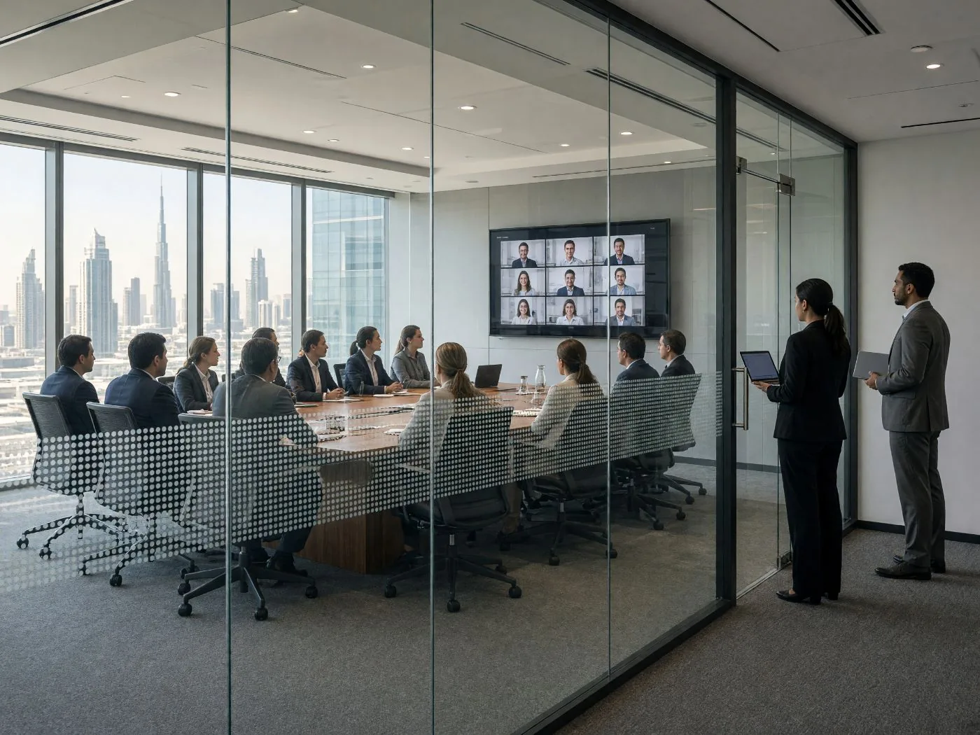 Concept visualisation: a full boardroom seen through its glass wall, with two colleagues waiting outside for the room