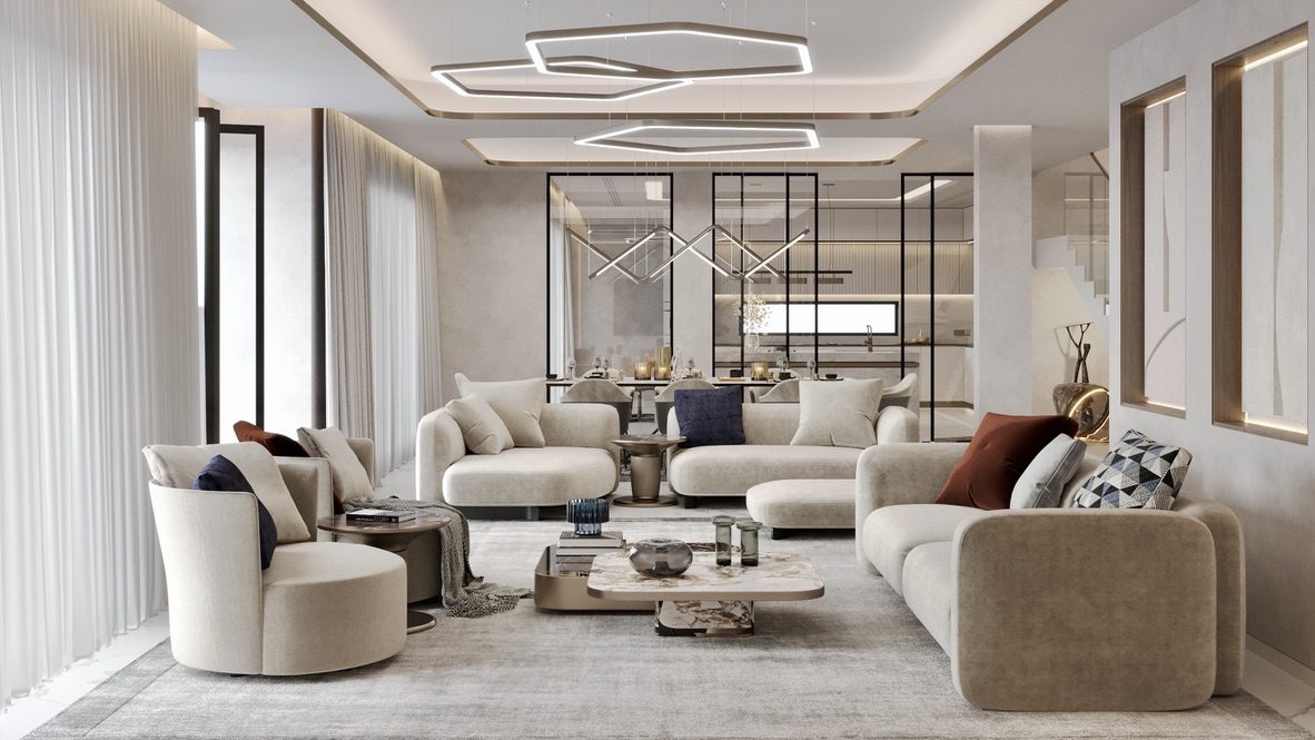 Render: the lounge, the interior design by Fajr Interiors for Cluster 39, Villa 1, Jumeirah Islands
