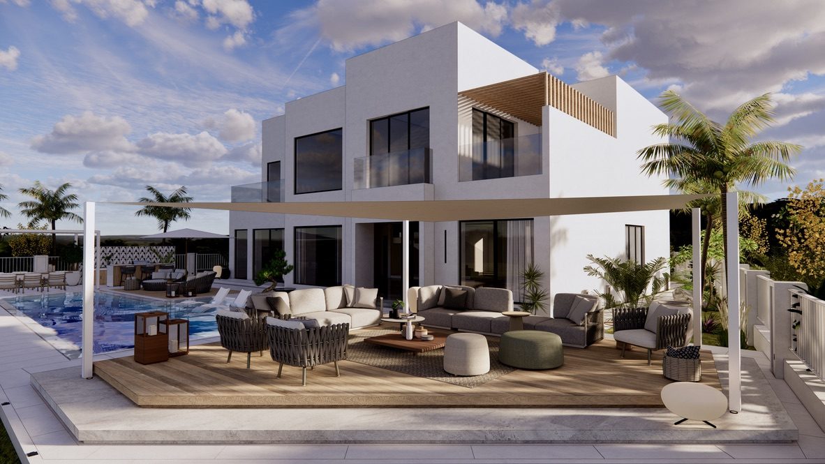 Render: pool lounge on a timber deck under a pergola, the landscape designed by Fajr Interiors for Cluster 39, Villa 1, Jumeirah Islands