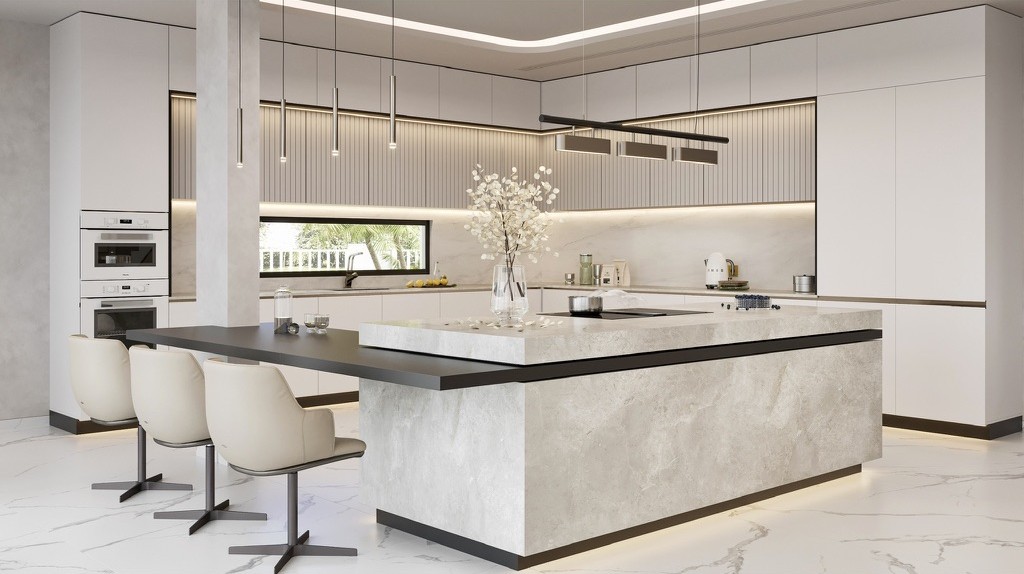 Render: the kitchen designed by Fajr Interiors for Cluster 39, Villa 1, Jumeirah Islands — a stone-clad island with a dark overhanging counter, fluted wall panels and pendant lights