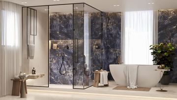 Render: bathroom with freestanding bath, the interior design by Fajr Interiors for Cluster 39, Villa 1, Jumeirah Islands