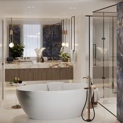 Render: freestanding bath and vanity, the interior design by Fajr Interiors for Cluster 39, Villa 1, Jumeirah Islands
